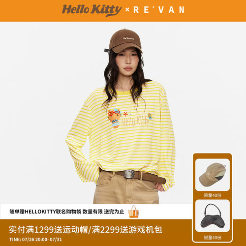 REVAN芮范黑皮HelloKitty夏日度假风黄白条纹长袖T恤RK31001106