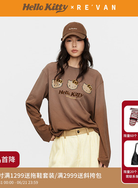 REVAN芮范黑皮HelloKitty豹纹植绒字母渐变长袖T恤RK31001068