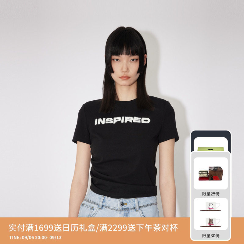 REVAN芮范设计师款层次感抽褶黑色短袖T恤RM31001002图片