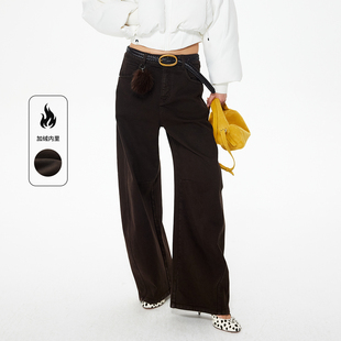 RL91302066 巴恩风红咖加厚加绒牛仔弯刀裤 REVAN芮范2025冬季 新品