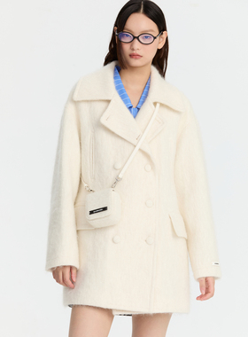 REVAN芮范设计师款飒爽米白包包长大衣RM90302097