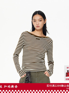 【杨雨潼同款】REVAN芮范条纹一字肩长袖T恤RL91001405
