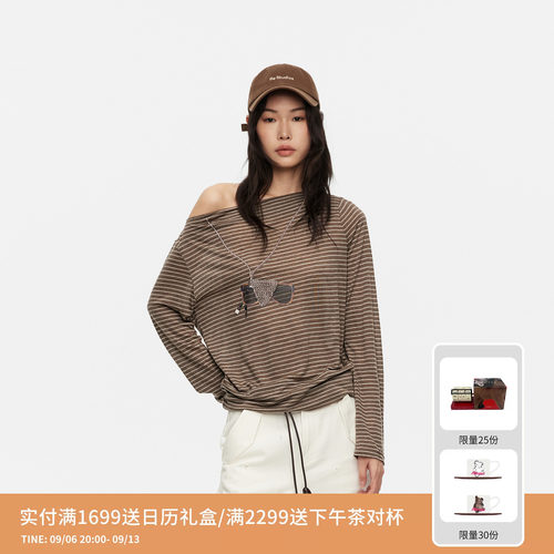REVAN芮范设计师款慵懒墨镜夹3D印花咖条纹长袖T恤RK31001379