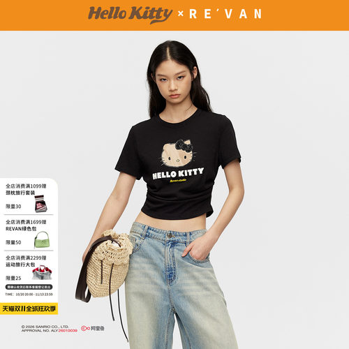 REVAN芮范黑皮HelloKitty假日下摆弧形腰间抽褶黑色T恤RK31001037