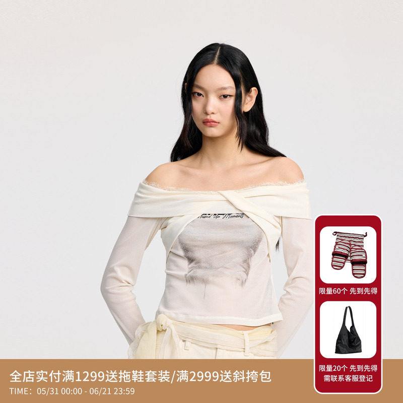 REVAN芮范设计师款交叉一字肩蕾丝边单衣RL30801003