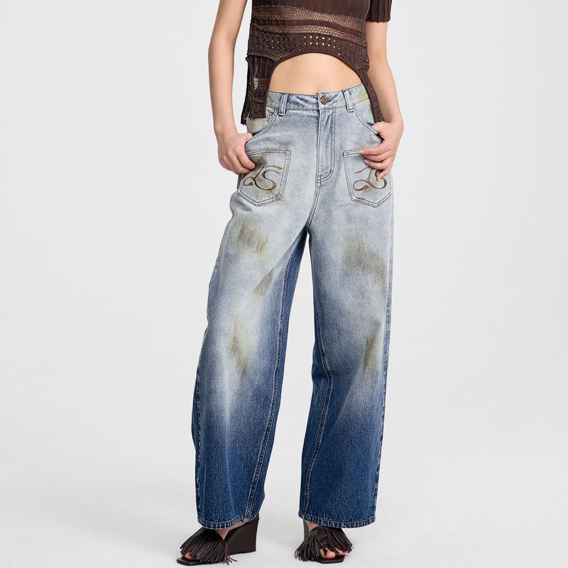 REVAN芮范2025夏季新品设计师款做旧LOGO刺绣牛仔裤RL31302213