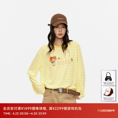 REVAN芮范黑皮HelloKitty夏日度假风黄白条纹长袖T恤RK31001106