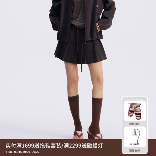 REVAN芮范设计师款甜酷咖色短针织百褶裙RL71501216