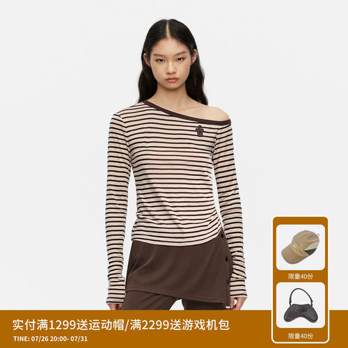 【刘些宁同款】REVAN芮范斜肩侧褶条纹长袖T恤RL31001050