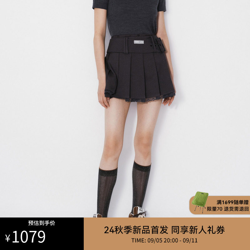 REVAN芮范2024秋季新品设计师款运动感蕾丝拼接百褶裙RM71501219