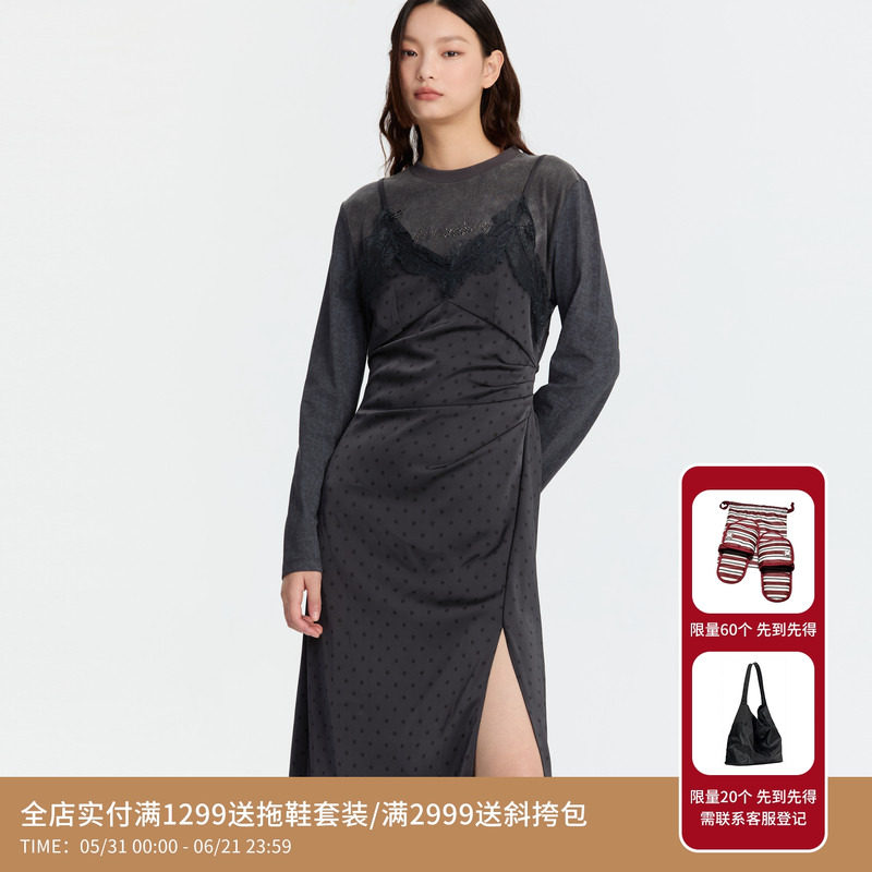 REVAN芮范设计师款闺房风缎面波点连衣裙RM91101141