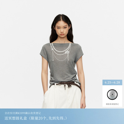 REVAN芮范设计师款松弛感珍珠链印花灰调短袖T恤RK31001455