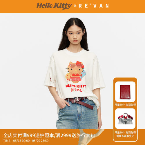 REVAN芮范黑皮HelloKitty夏日慵懒宽松闪粉胶印T恤RK31001215