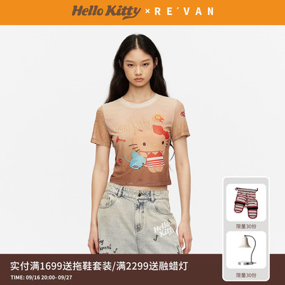 REVAN芮范黑皮HelloKitty满印海边度假图案网纱短单衣RK30801295