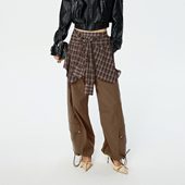 沈梦辰同款 REVAN芮范叠穿风格 纹屁帘棕色工装 裤 RK11301366