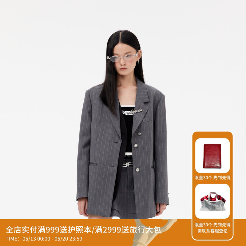 REVAN芮范设计师款通勤感灰色条纹西装RM10101253图片