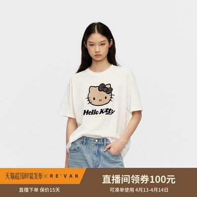 REVAN芮范黑皮HelloKitty假日感鱼子酱白色宽松T恤RK31001038