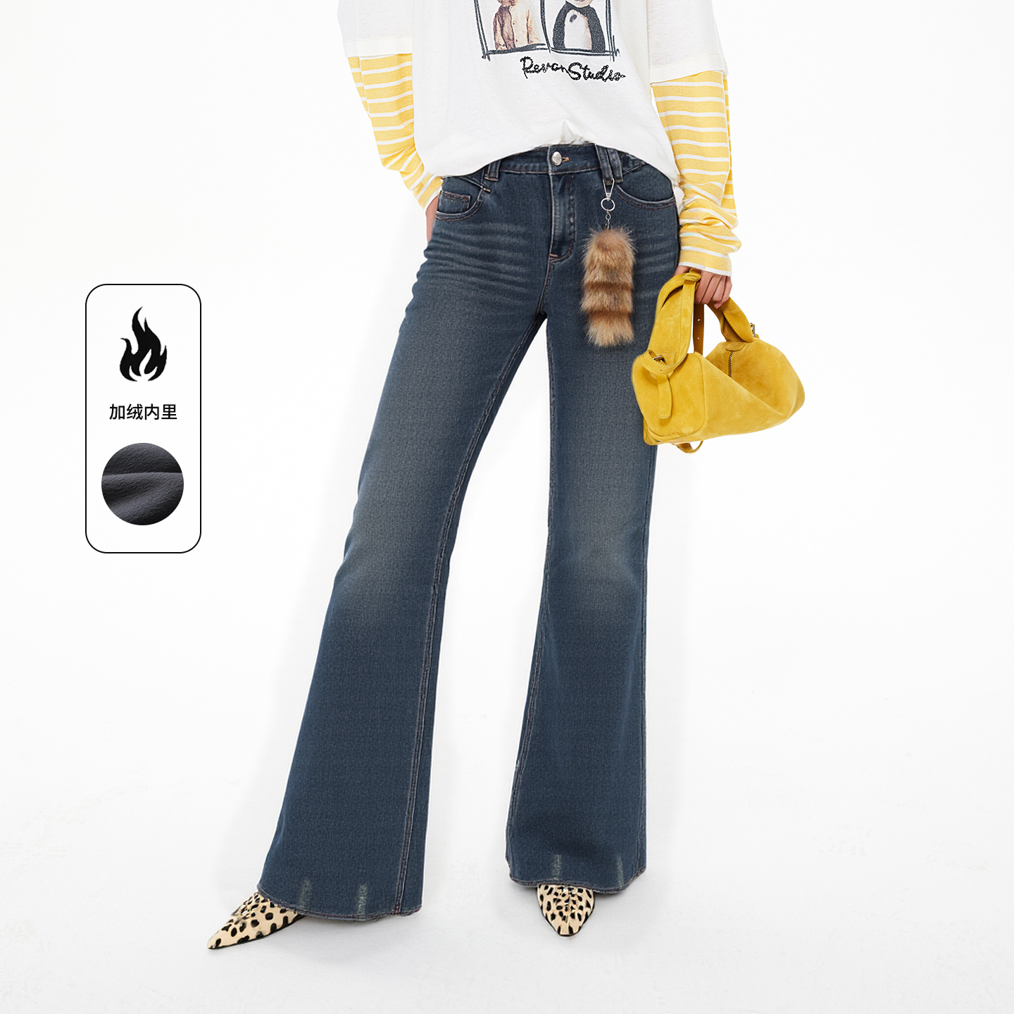 REVAN芮范2025冬季新品设计师款复合绒蓝色牛仔喇叭裤RL91302281
