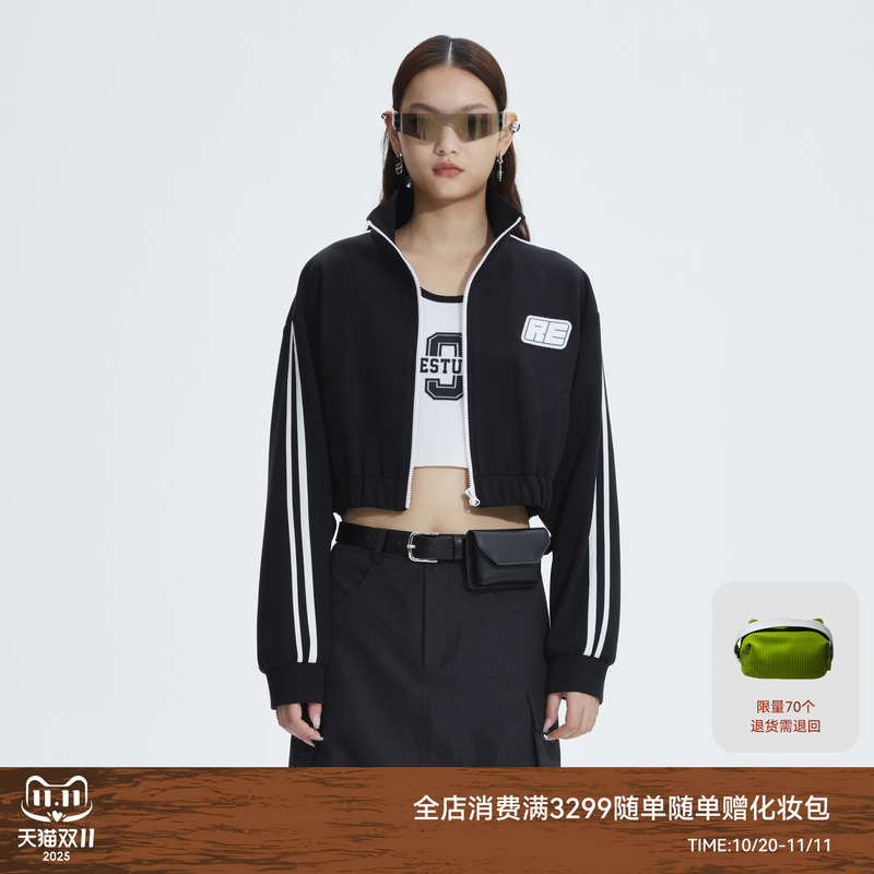 REVAN芮范2023春季新品设计师款复古运动风黑色短外