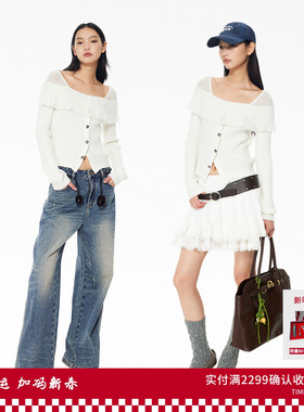 REVAN芮范设计师款假两件一字肩针织上衣RL90601379
