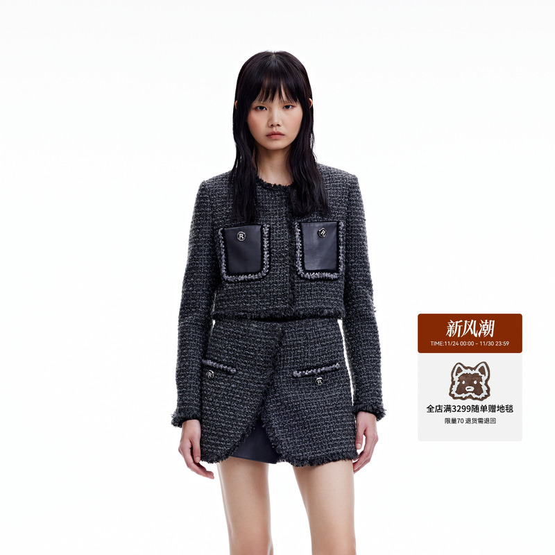 revan设计师甜酷花纱拼皮外套