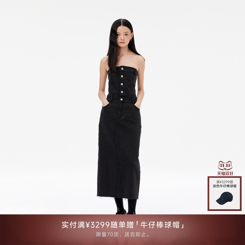 REVAN芮范新品设计师款复古摩登感抹胸连衣裙RM11102137