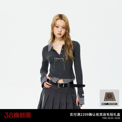 【朴池原同款】REVAN芮范质感眼镜链条格纹拼接毛衫RK10601427