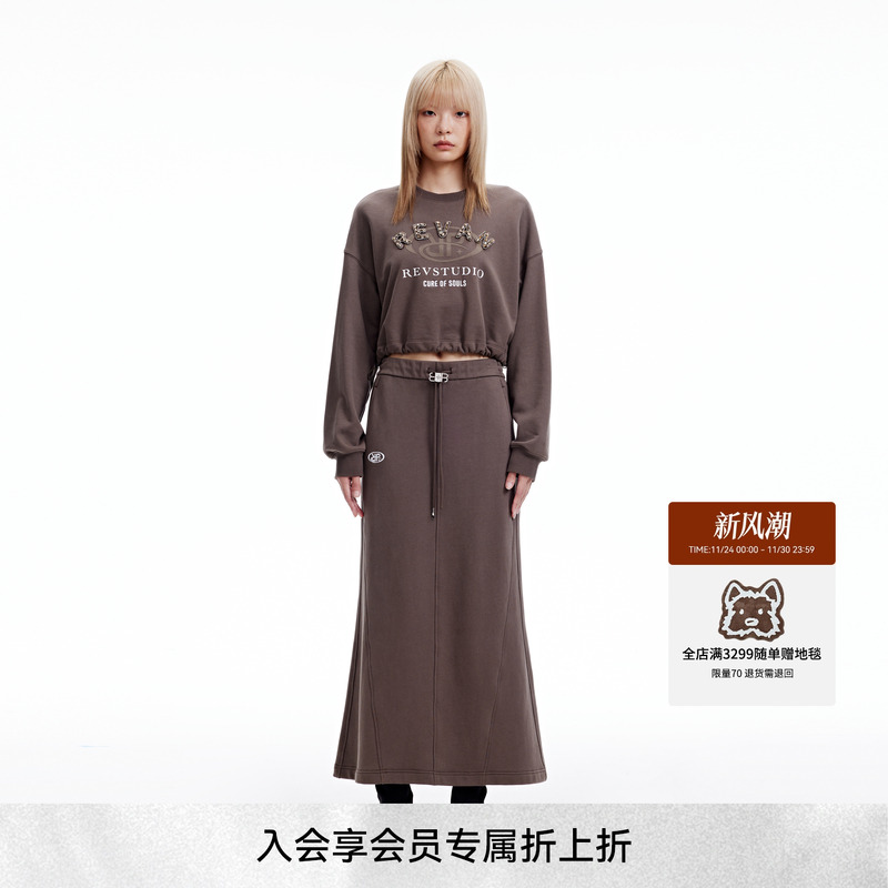 REVAN芮范2023冬季新品设计师款复古风鱼尾裙卫衣套装RN92404227