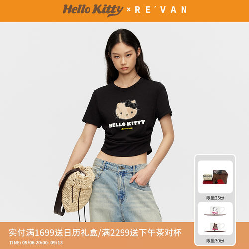REVAN芮范黑皮HelloKitty假日下摆弧形腰间抽褶黑色T恤RK31001037