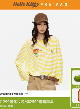 REVAN芮范黑皮HelloKitty夏日度假风黄白条纹长袖T恤RK31001106