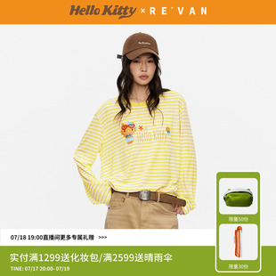 REVAN芮范黑皮HelloKitty夏日度假风黄白条纹长袖T恤RK31001106