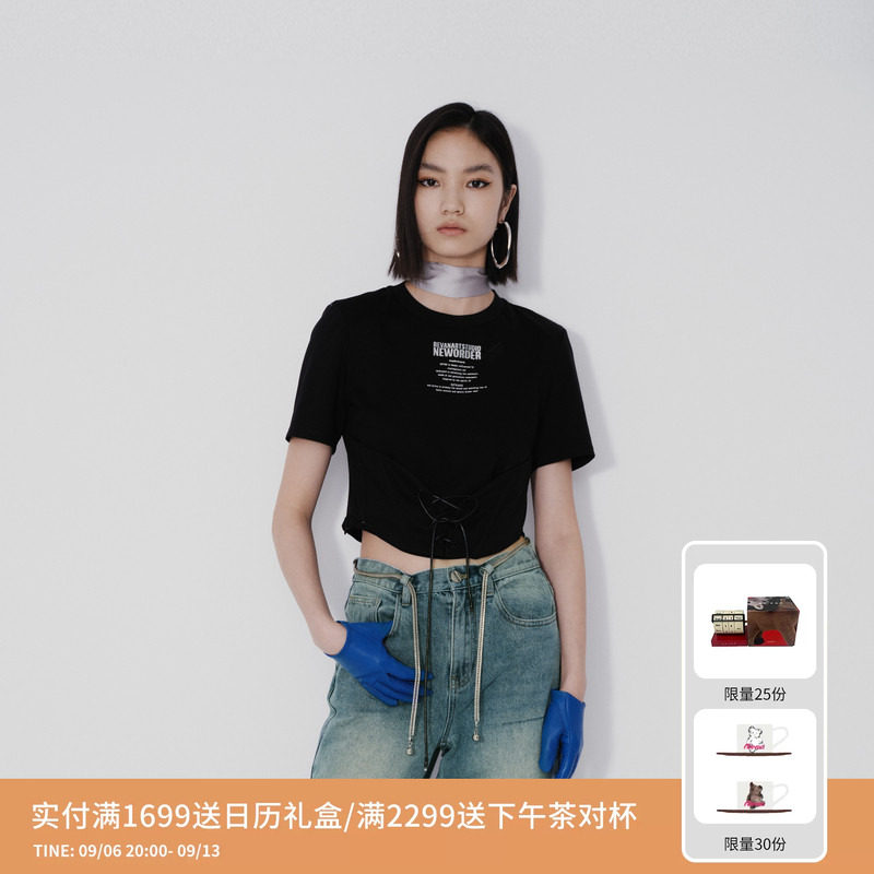 REVAN芮范设计师款甜酷少女绑带黑色T恤RM71001007图片