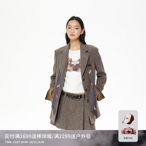 REVAN芮范趣味小狗印花丝巾毛呢西装外套RL92601207