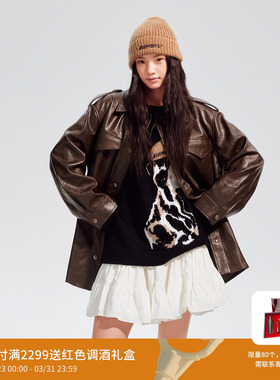 【关晓彤同款】【爆款追单】REVAN芮范冬复古咖色皮衣RL90110603