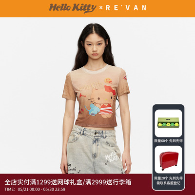 REVAN芮范黑皮HelloKitty满印海边度假图案网纱短单衣RK30801295