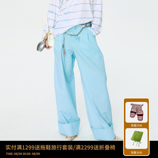 REVAN芮范设计师款法式细蓝白条纹牛仔腰头拼接长裤RK11301107