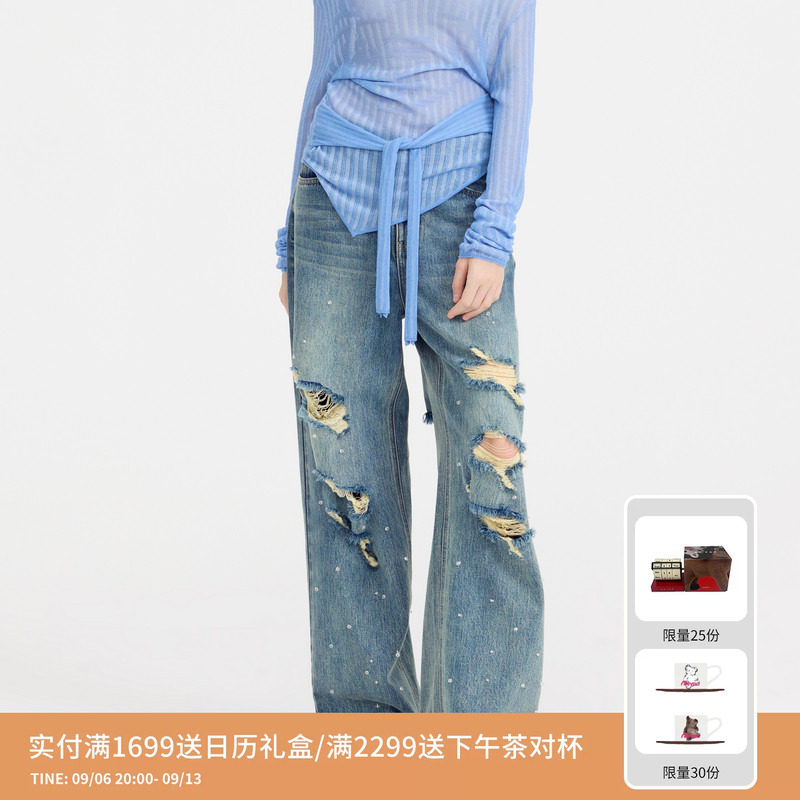 REVAN芮范设计师款重工破洞钉珠牛仔裤RL11302064图片