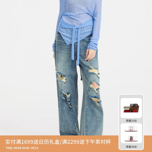 REVAN芮范设计师款重工破洞钉珠牛仔裤RL11302064