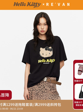 REVAN芮范黑皮HelloKitty假日感鱼子酱黑色宽松T恤RK31001039