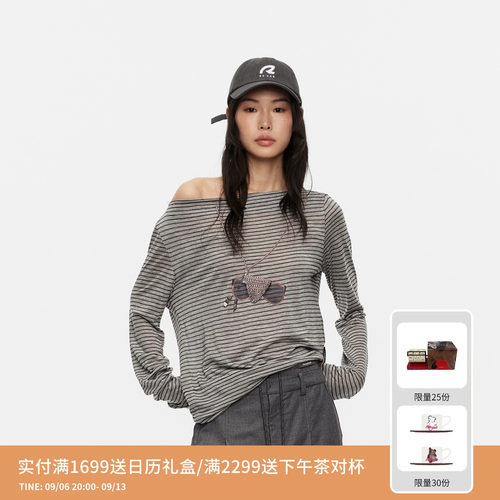 REVAN芮范设计师款慵懒墨镜夹3D印花灰色条纹长袖T恤RK31001527