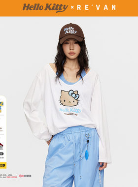 REVAN芮范黑皮HelloKitty蓝白撞色真两件挂脖长袖T恤RK31001025