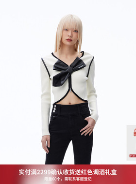 REVAN芮范设计师款甜酷V领蝴蝶结针织开衫RN70106186