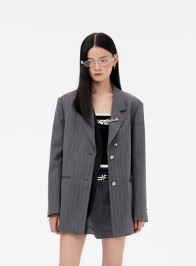 REVAN芮范设计师款通勤感灰色条纹西装RM10101253
