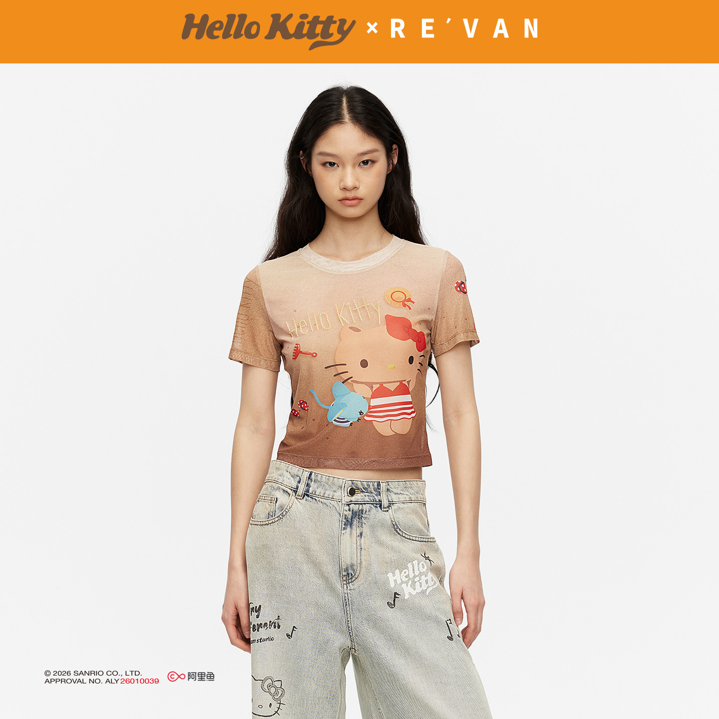 REVAN芮范黑皮HelloKitty满印海边度假图案网纱短单衣RK30801295