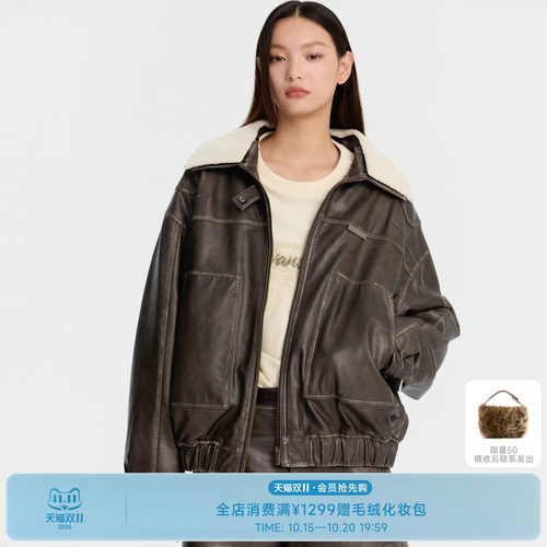 REVAN芮范设计师款复古手工擦色PU皮外套RM90105032