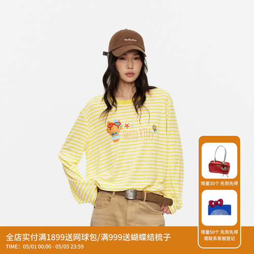 REVAN芮范黑皮HelloKitty夏日度假风黄白条纹长袖T恤RK31001106