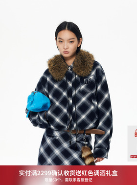 REVAN芮范设计师藏青格纹可拆领子小欧包派克羽绒服RL90501091