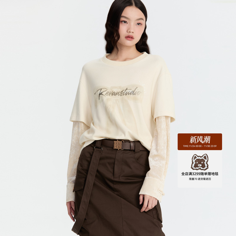 REVAN芮范2024冬季新品设计师款前卫米色蝴蝶结T恤单衣RM90801110