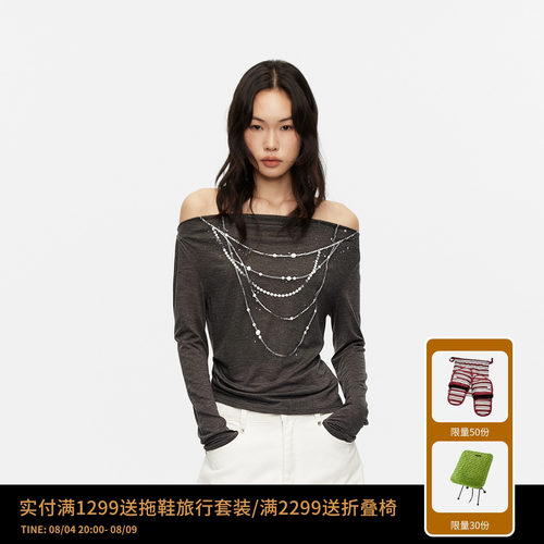 REVAN芮范设计师款甜酷风珍珠链印花深灰色长袖T恤RAS1302017