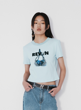 REVAN芮范设计师款酷感蓝色樱桃图案T恤RM71001006